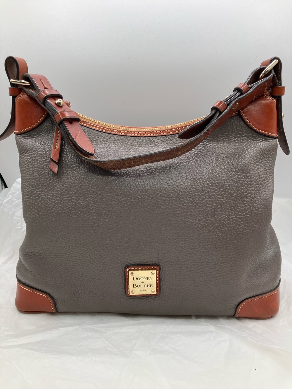 Dooney & Bourke Gray Pebbled Leather Shoulder Bag with Brown Trim